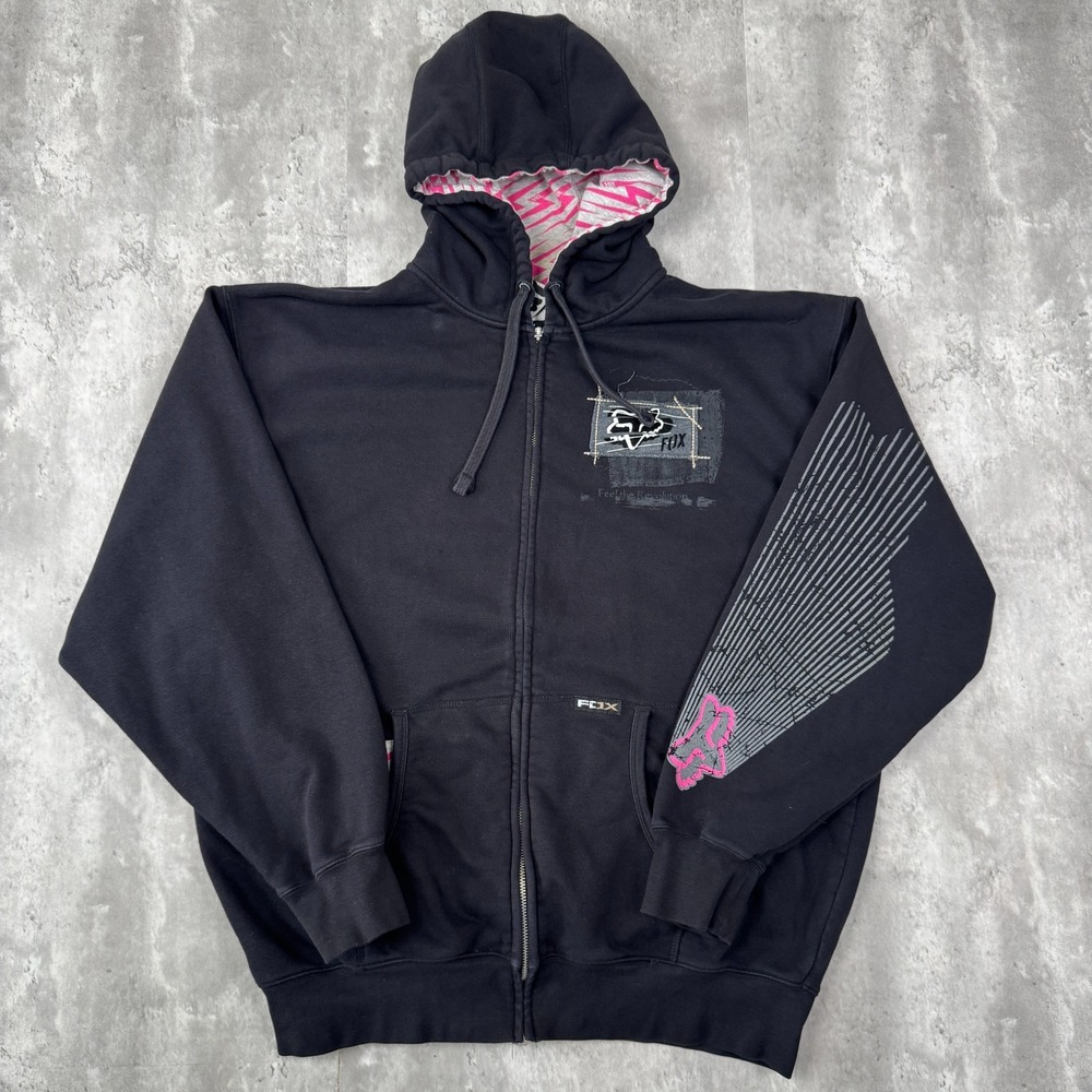 Vintage Fox Racing Hoodie Mens XL Black Pink Full Zip Sweatshirt Motocross Y2K